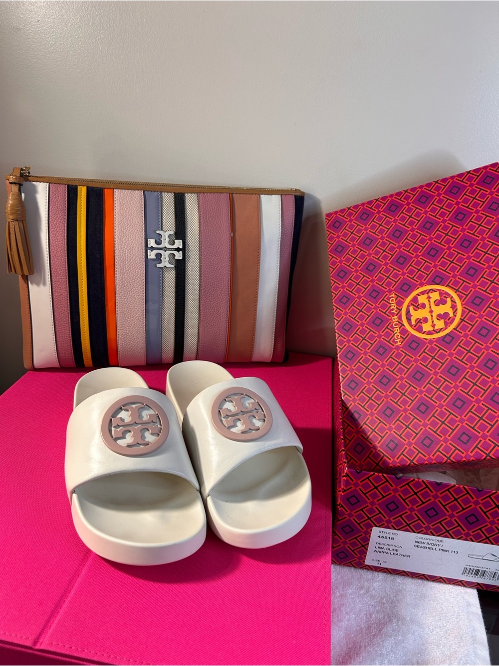 Tory Burch White Slide Sandals with Pink Logo and Striped Wristlet
